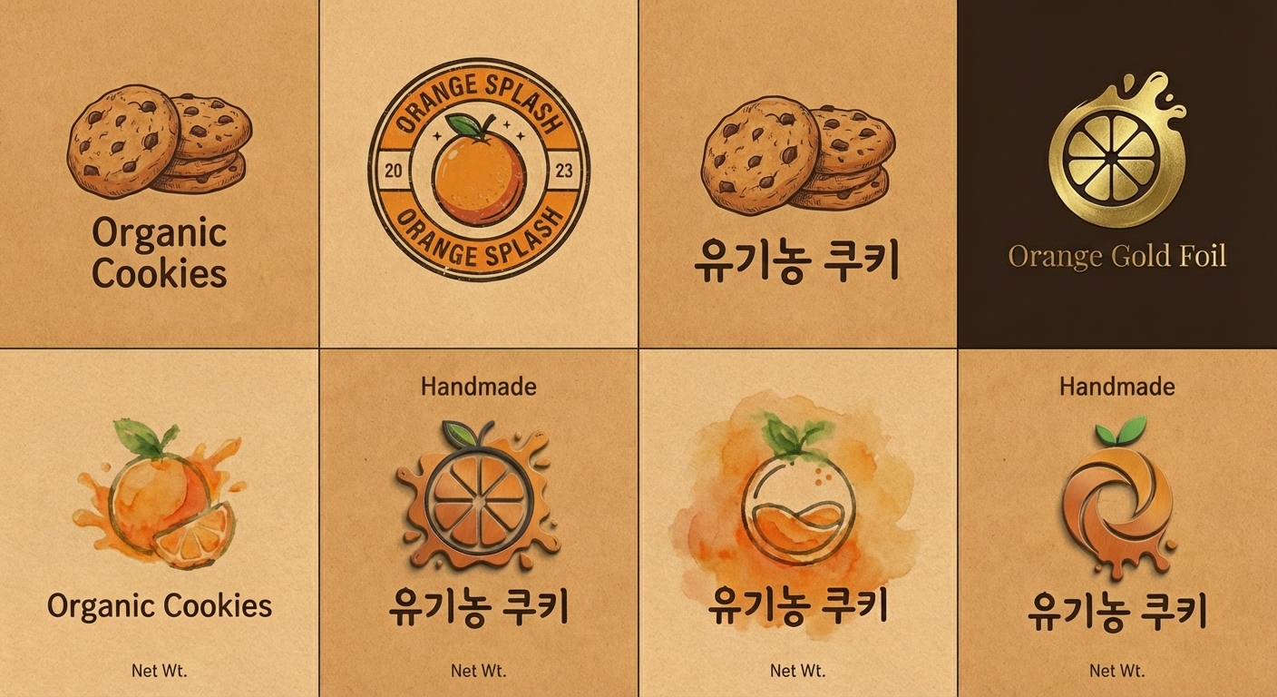 Localize this packaging design into Korean. Change the English text 'Organic Cookies' to '유기농 쿠키'. Keep the font style, color, and background image exactly the same.